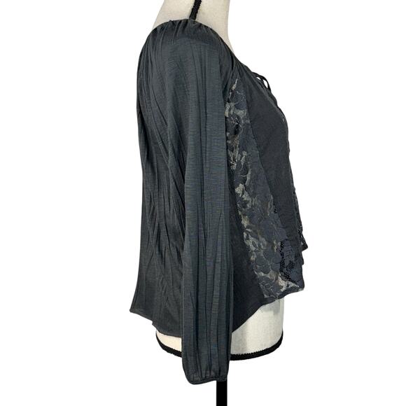 American Eagle Small Top Button-Up Floral Lace Long Sleeve Stretch Hi-Low Hem - Picture 5 of 9